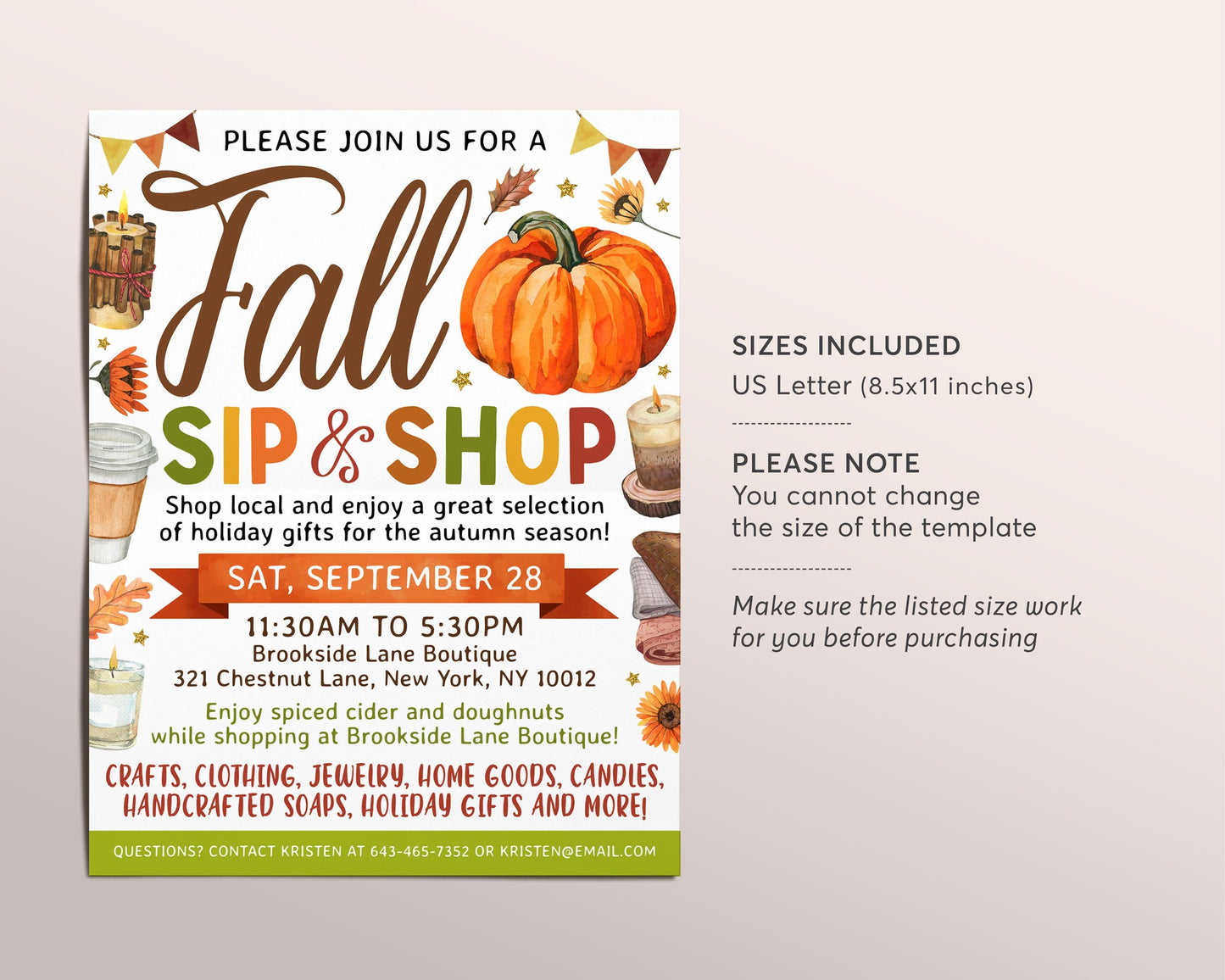 Sip and Shop Fall Holiday Boutique Flyer Editable Template, Thanksgiving Pop up Shop Autumn Fundraiser Invitation, Open House Shopping Event