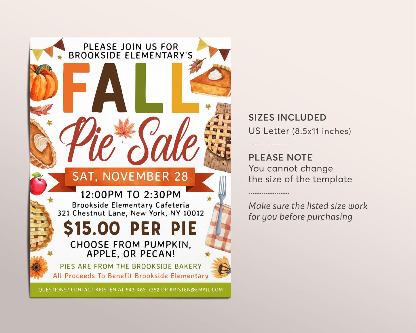Fall Pie Sale Fundraiser Flyer Editable Template, Thanksgiving Bake Sale Invitation, Autumn Bakery School PTO PTA Church Community Event