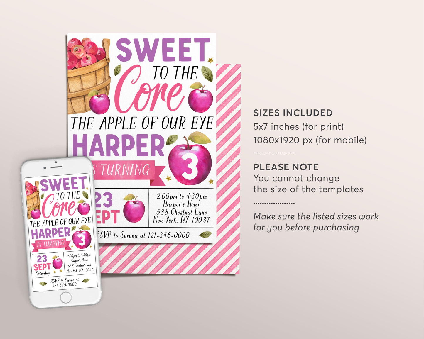 Apple Birthday Invitation Editable Template, Girl Sweet To The Core Party Invite, Apple of Our Eye Fall Evite, Bushel of Fun Apple Picking
