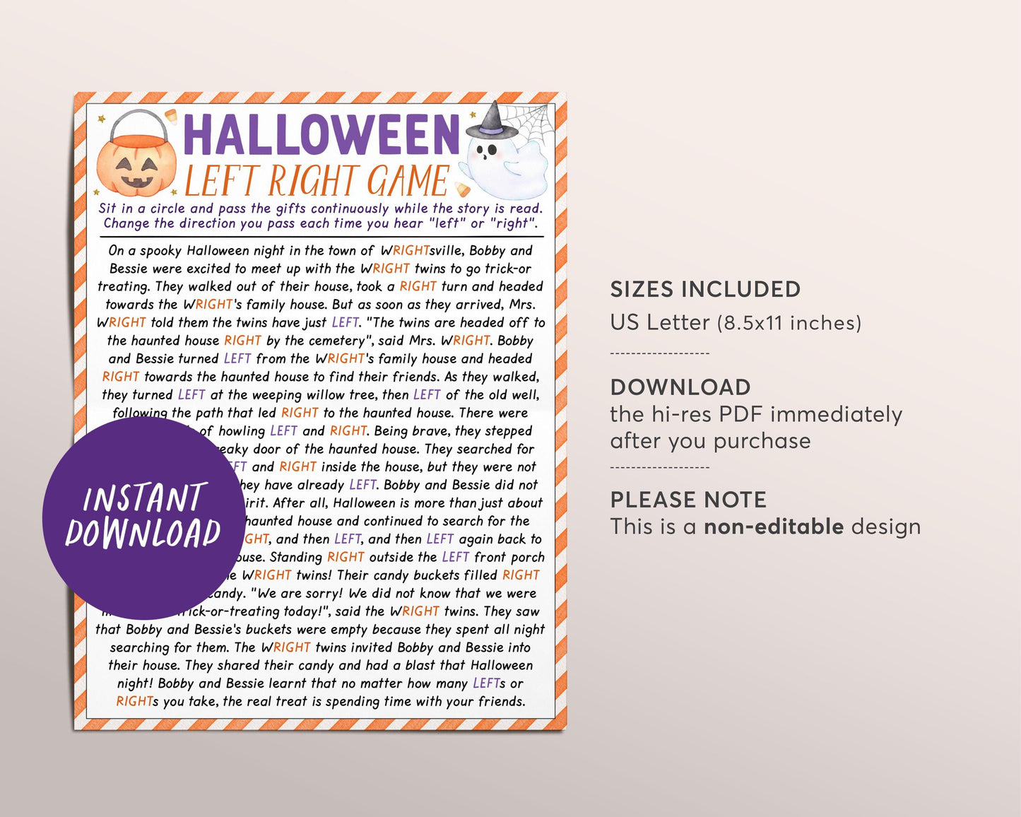 Halloween Left Right Game, Left Right Story Pass the Gift Prize Exchange Game, Kids Halloween Pass the Present Game, Haunted House Printable