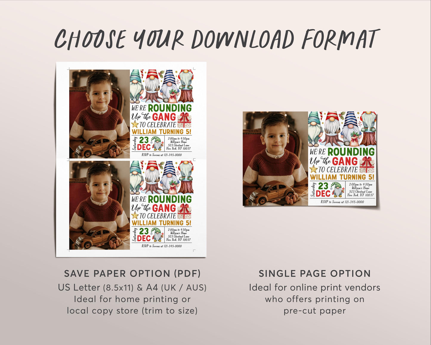 Gnome Birthday Invitation With Photo Editable Template, Kids We're Rounding Up The Gang Party Invite, Christmas Merry Little Birthday Evite