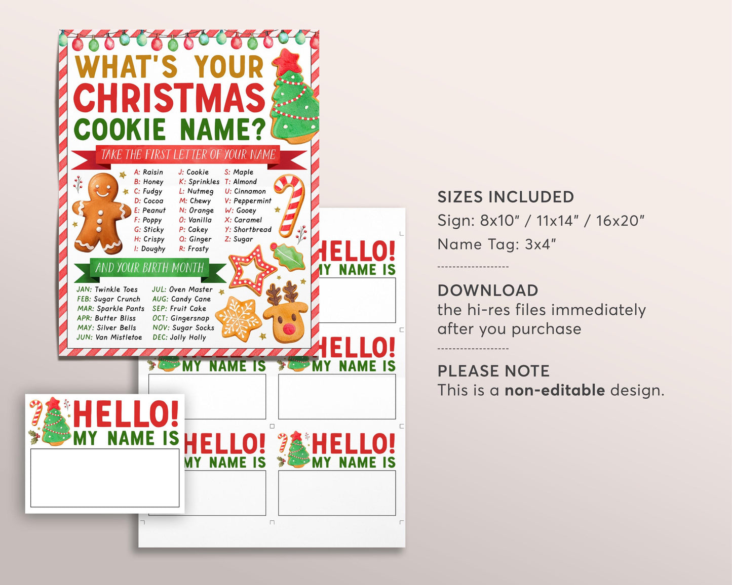 What's Your Christmas Cookie Name Game, Gingerbread Cookie Decorating Party Game With Name Tags And Sign Printable, Holiday Cookie Exchange