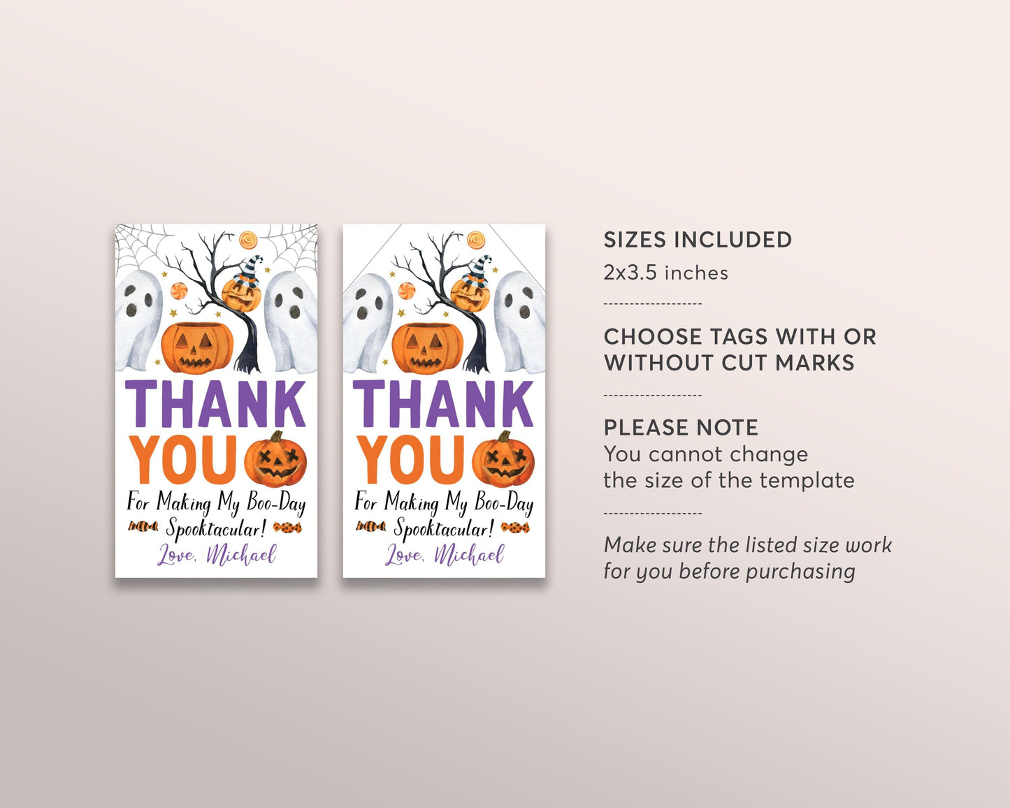 Halloween Birthday Favor Tags Editable Template, Spooktacular Halloween Party Thank You Treat Bag, Ghost Pumpkins Gift Tags Printable