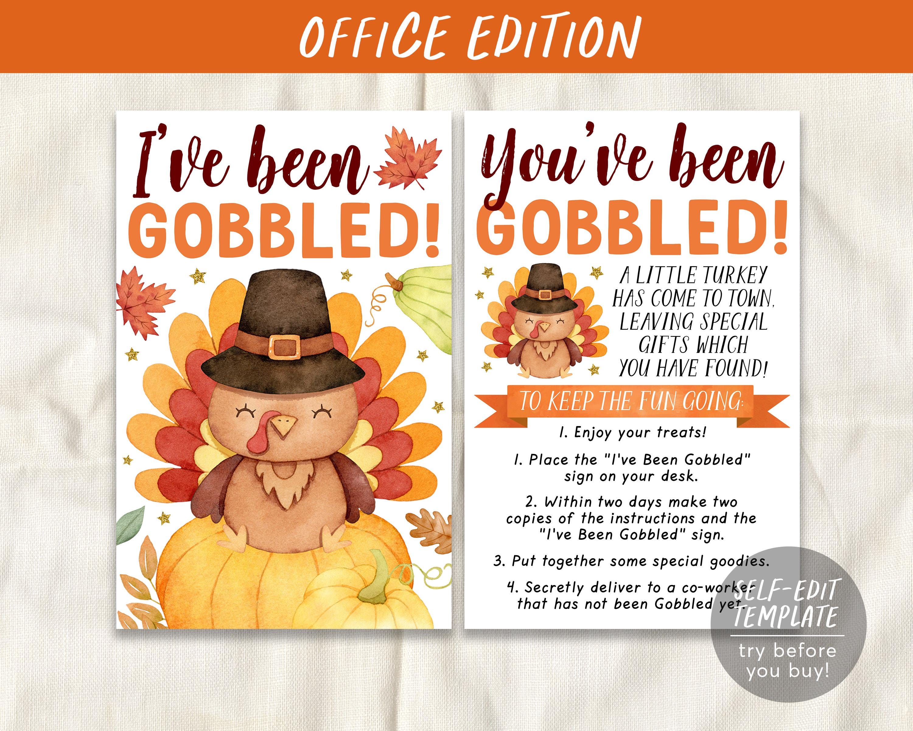 i've been gobbled coworker game editable template, you've been gobbled at work, turkey thanksgiving office tradition sign gift co workers