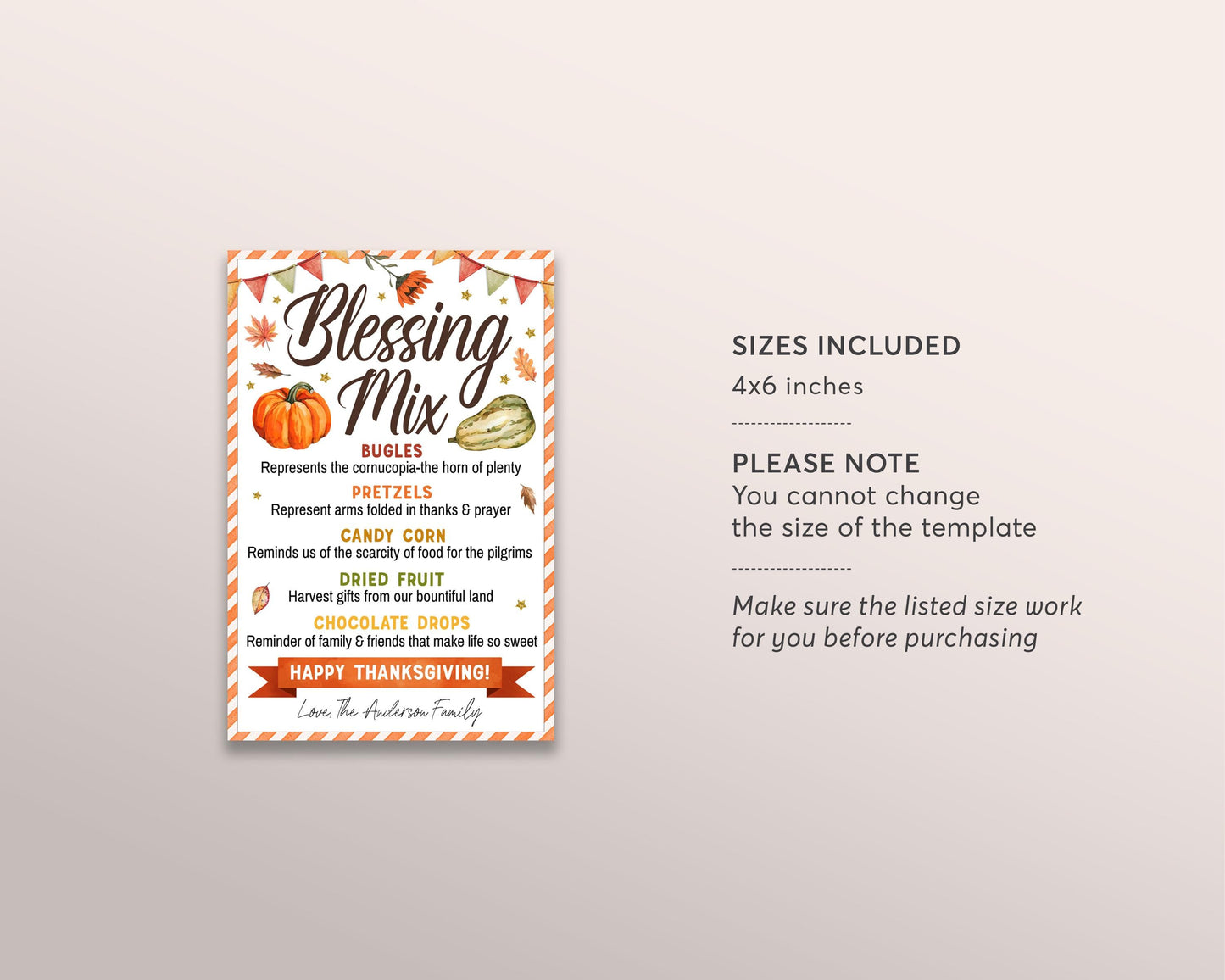 Thanksgiving Blessings Mix Gift Tags Editable Template, Fall Autumn Treat Favor Tag, Snack Mix Card, Holiday Teachers PTO PTA Appreciation