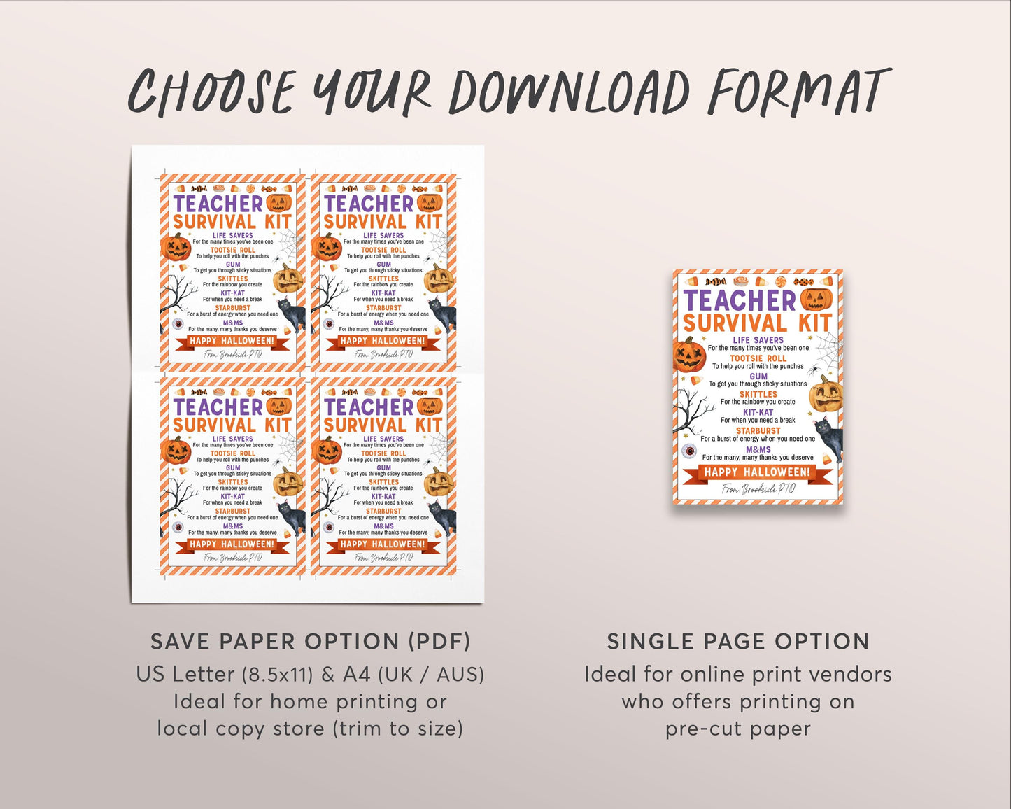 Halloween Teacher Survival Kit Tag Editable Template, Fall Treat Card Party Favor, School Staff Appreciation Candy Gift Tags Treat Pack
