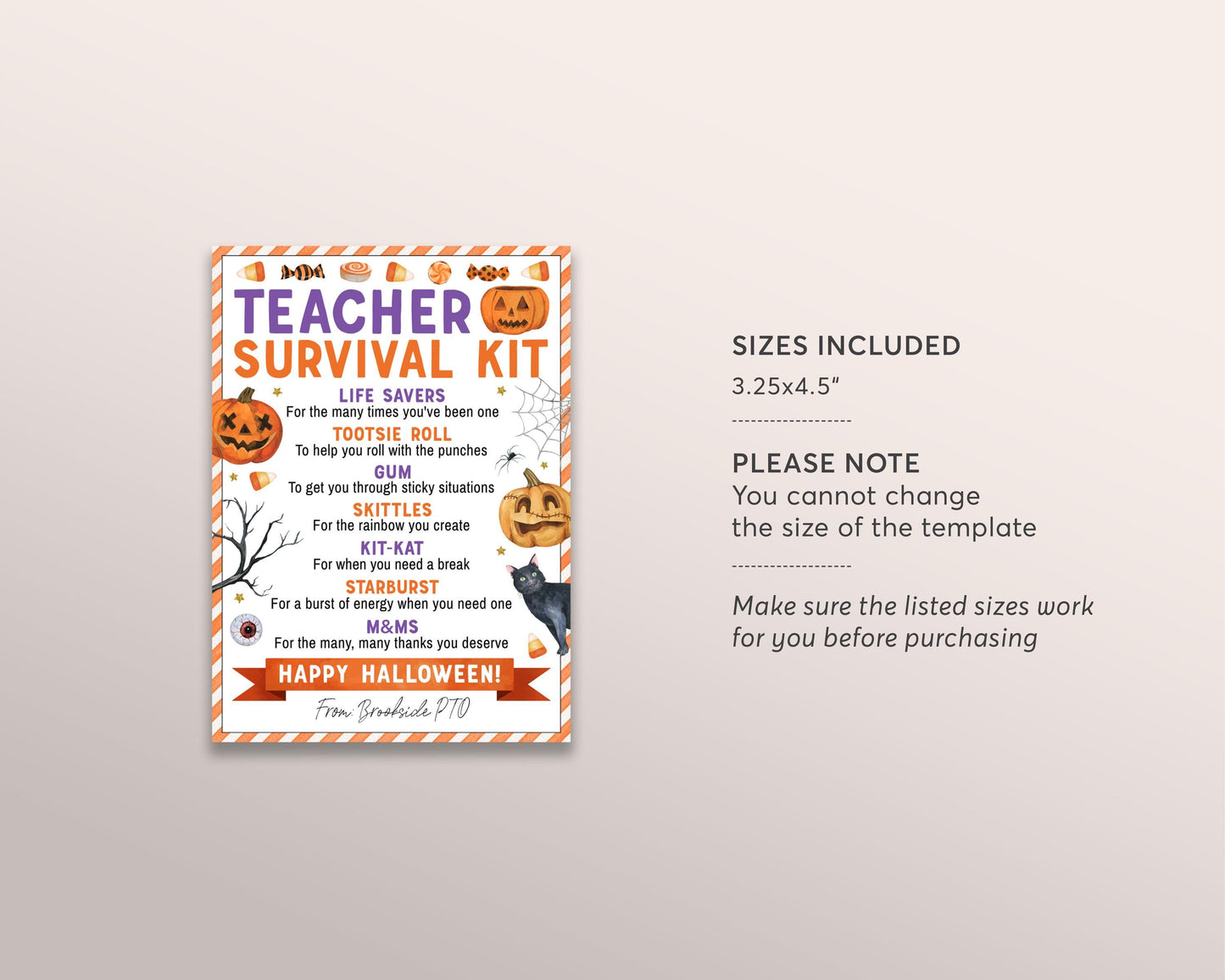 Halloween Teacher Survival Kit Tag Editable Template, Fall Treat Card Party Favor, School Staff Appreciation Candy Gift Tags Treat Pack