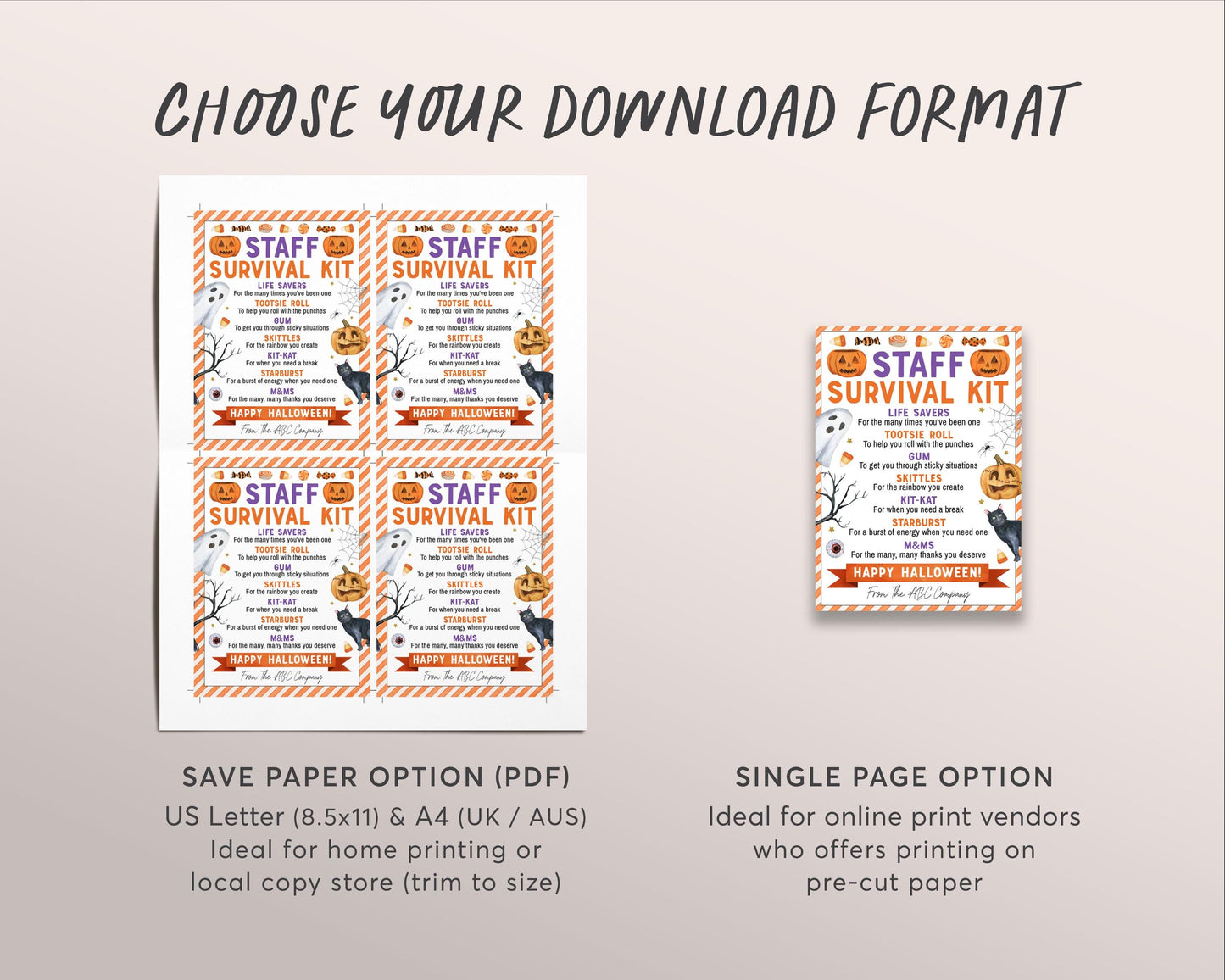 Halloween Staff Survival Kit Tag Editable Template, Fall Treat Card Party Favor, Employee Nurse Company Appreciation Candy Gift Tags Treat