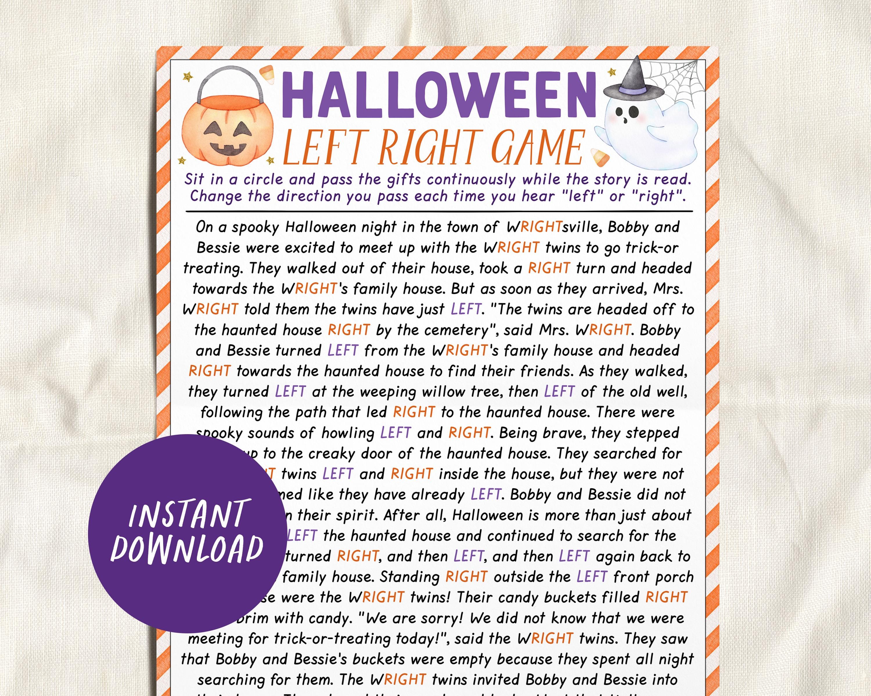 halloween left right game, left right story pass the gift prize exchange game, kids halloween pass the present game, haunted house printable