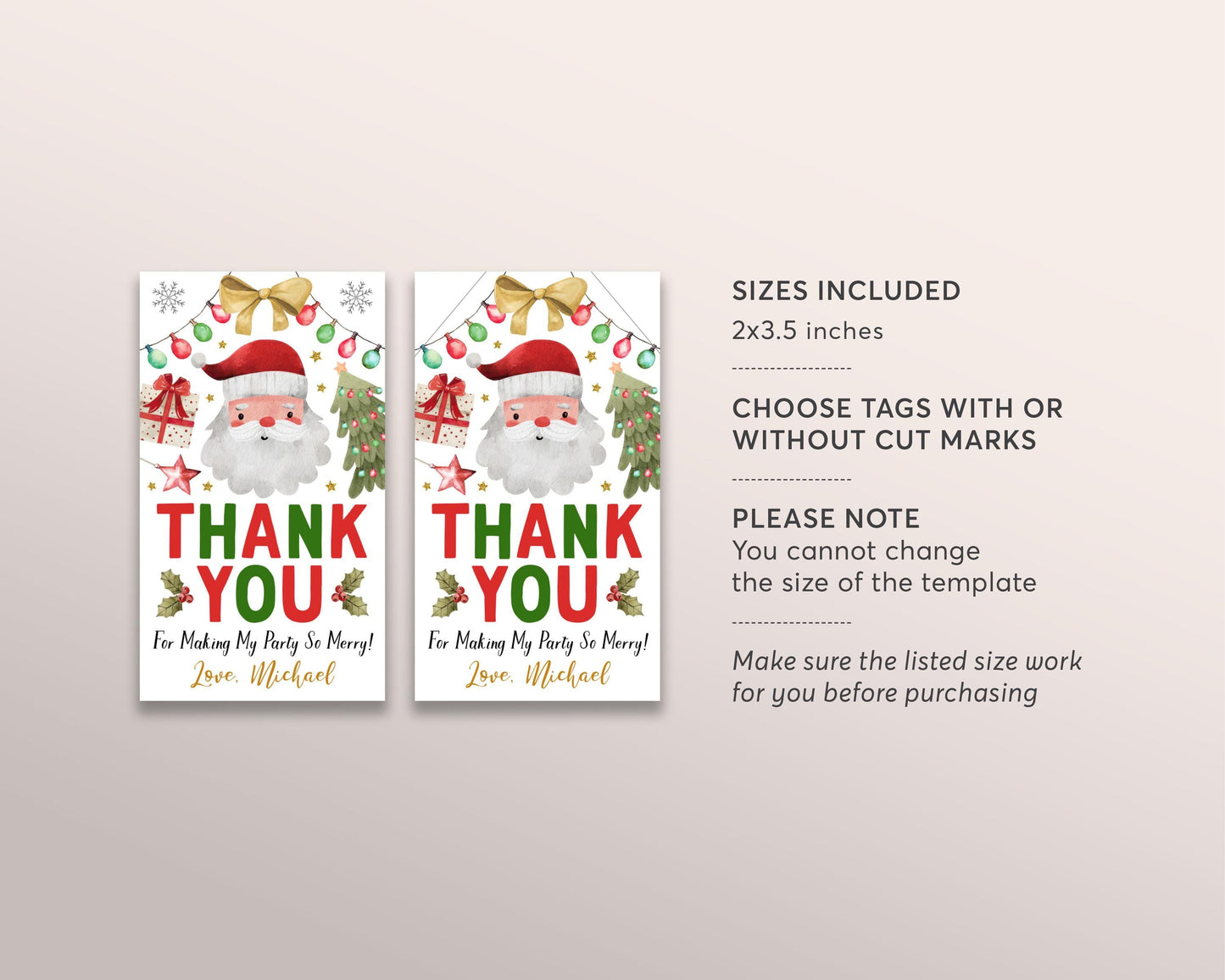 Christmas Birthday Favor Tags Editable Template, Santa Holiday Party Thank You Gift Tag, Party Treat Bag Favor Tag Merry Christmas Printable