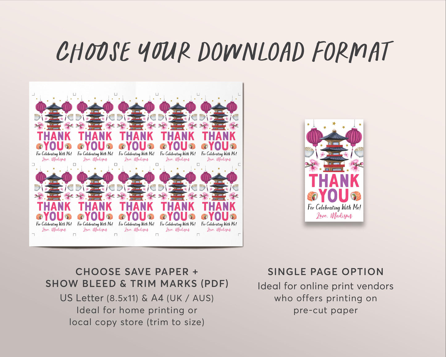 Hibachi Birthday Dinner Party Favor Tags Editable Template, Pink Japanese Sushi Restaurant Gift Tag Cherry Blossom Japan Thank You Treat Bag