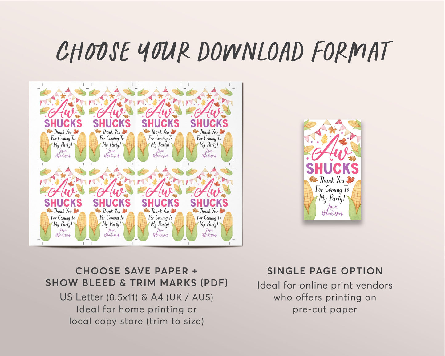 Corn Birthday Favor Tags Editable Template, Girl Pink Aw Shucks Corn Field Fall Autumn Party Thank You Treat Bag, Farm Corn Maze Gift Tags