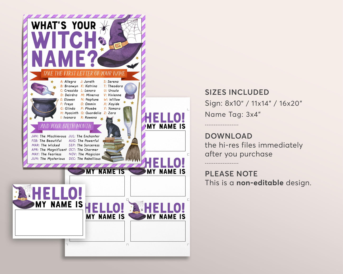 What's Your Witch Name Game, Spooktacular Halloween Witch Themed Party Games Decor, Hocus Pocus Activity With Name Tags And Sign Spooky Fall