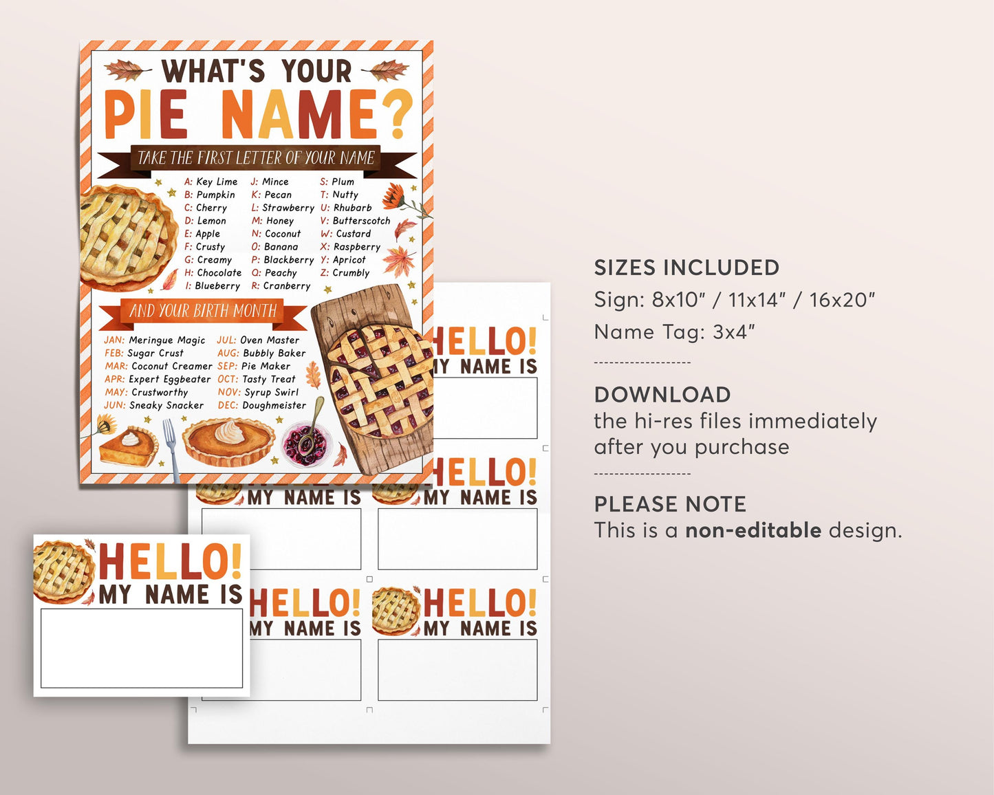 What's Your Pie Name Game With Name Tags And Sign, Fall Thanksgiving Party Activity, Pie Baking Contest, Autumn Holiday Party Decor, Pie Day