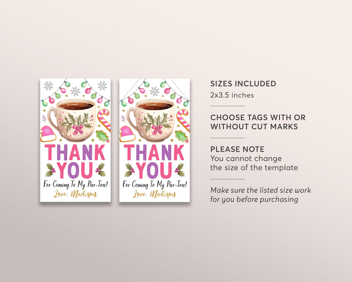 Christmas Tea Party Favor Tags Editable Template, Holiday Let's Par-Tea Birthday Thank You Treat Bag, Pink Winter High Tea Afternoon Tea