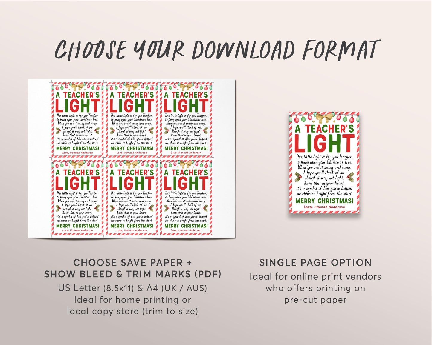 A Teachers Light Gift Tag Editable Template, Poem For Teacher Christmas Ornament, Holiday Thank You School Appreciation PTO PTA Favor Tag
