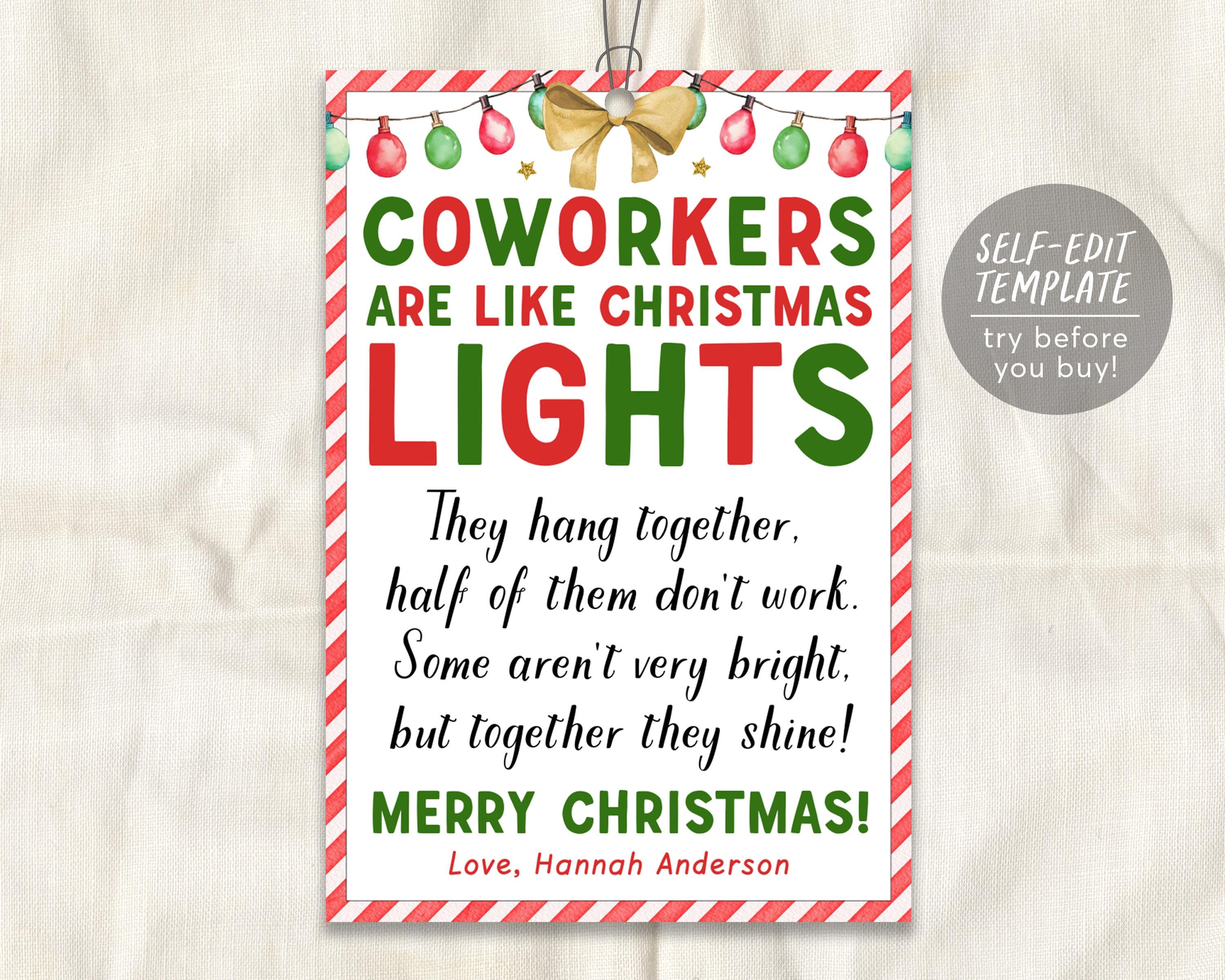 coworkers are like christmas lights card tag editable template, light of coworkers poem christmas ornament, holiday colleague boss employee