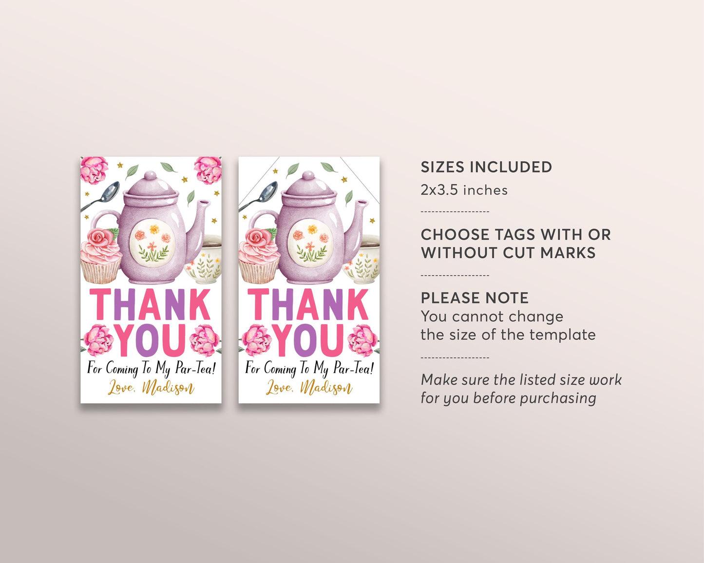 Tea Party Favor Tags Editable Template, Let's Par-Tea Birthday Thank You Tag, Girl Floral High Tea Afternoon Tea for Two Treat Bag Teapot