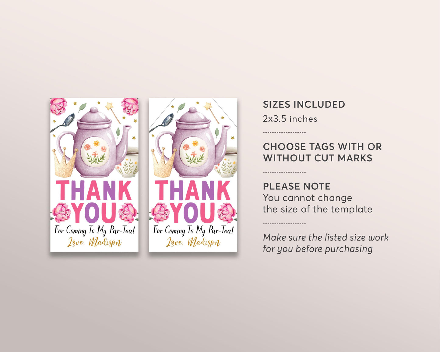 Princess Tea Party Favor Tags Editable Template, Let's Par-Tea Birthday Thank You Tag, Girl Floral High Tea Afternoon Treat Bag Teapot Crown