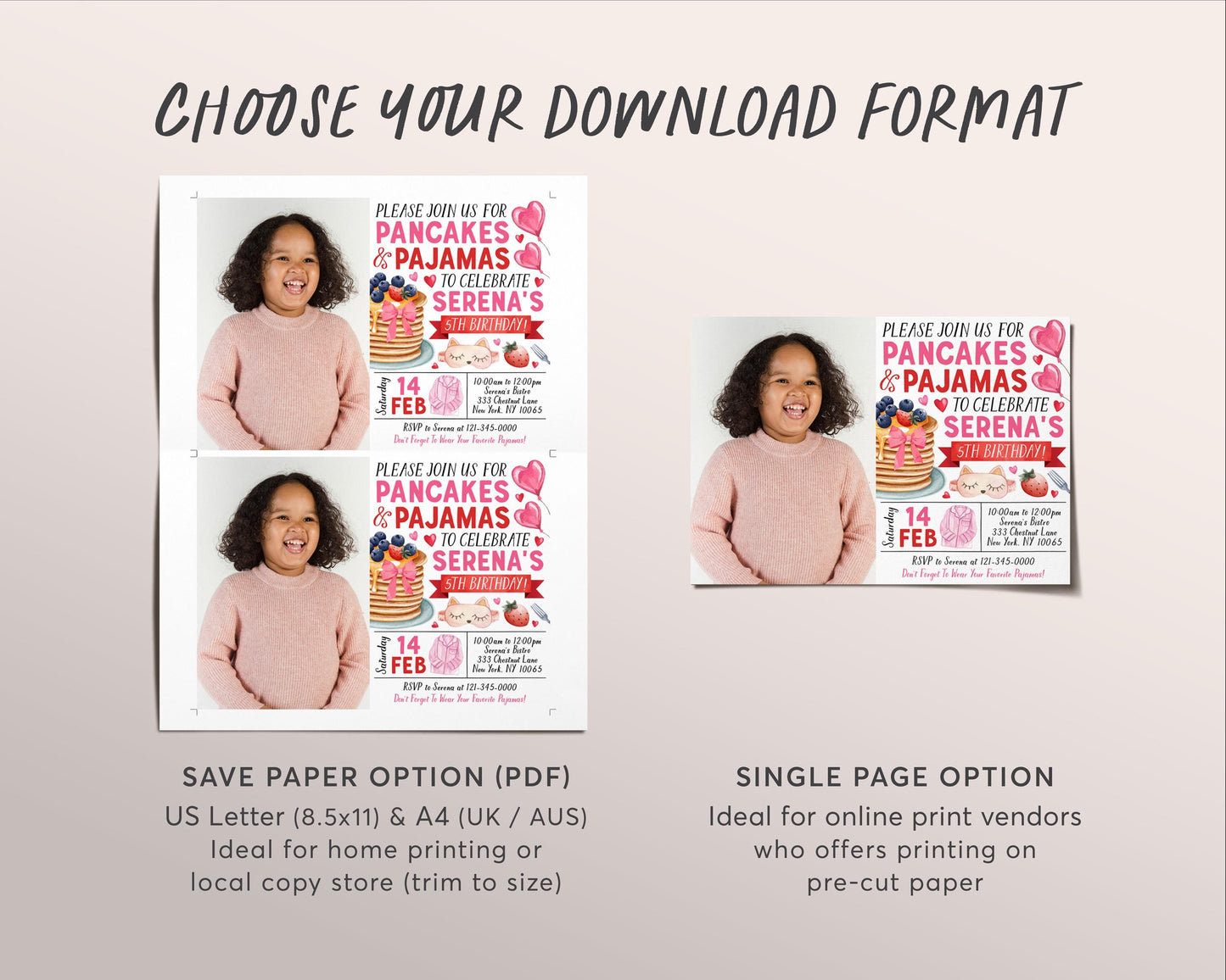 Pancakes and Pajamas Birthday Invitation With Photo Editable Template, Valentines Day Flapjacks And PJs Party Invite, Breakfast Brunch Evite