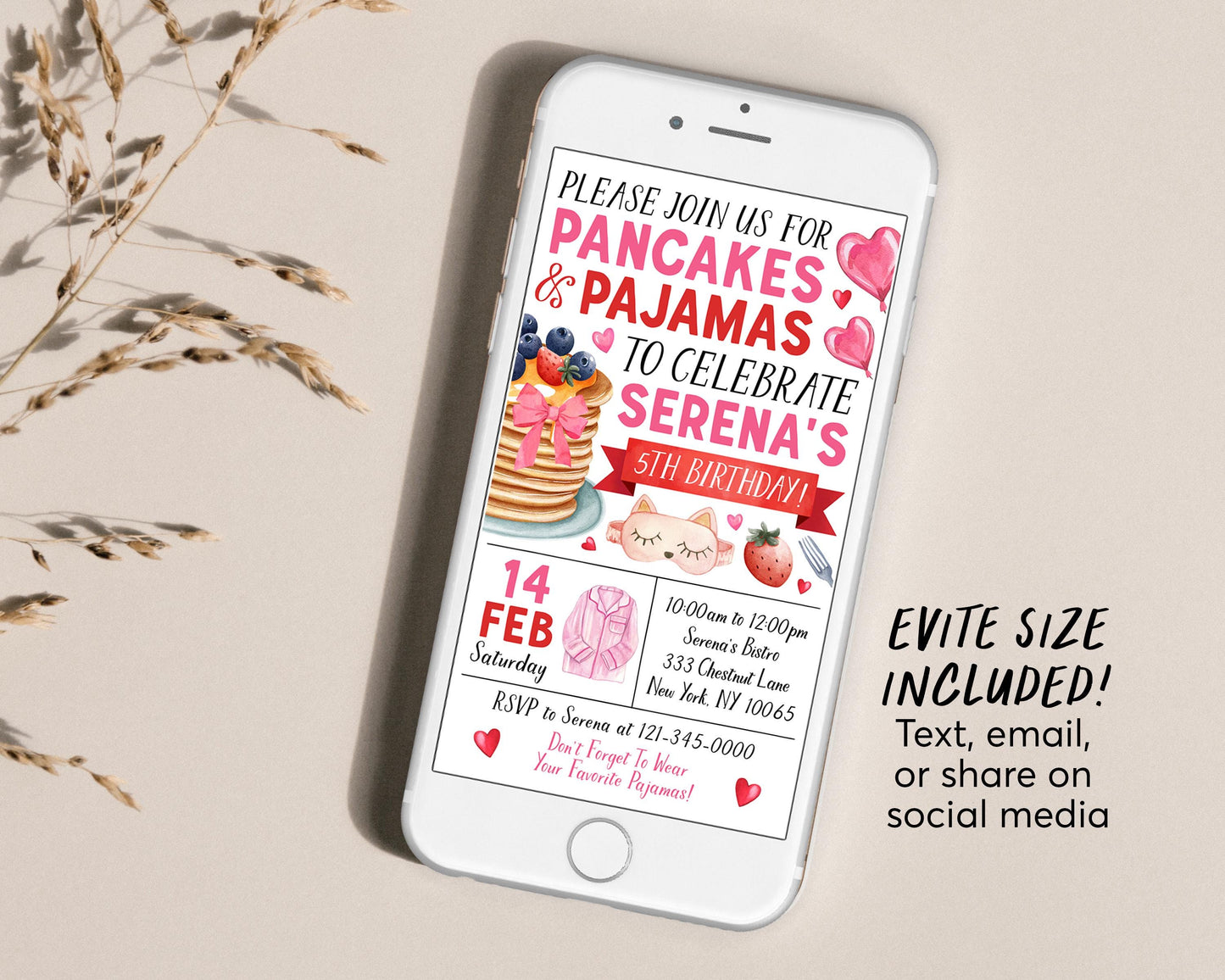 Pancakes and Pajamas Birthday Invitation With Photo Editable Template, Valentines Day Flapjacks And PJs Party Invite, Breakfast Brunch Evite
