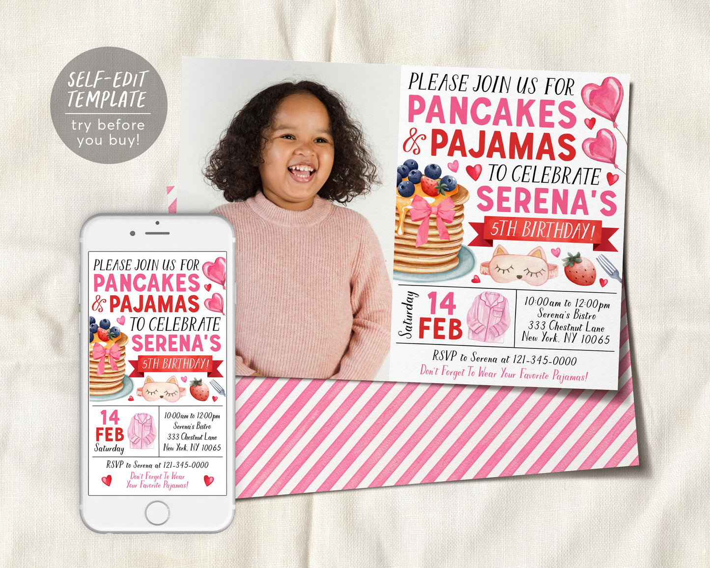 Pancakes and Pajamas Birthday Invitation With Photo Editable Template