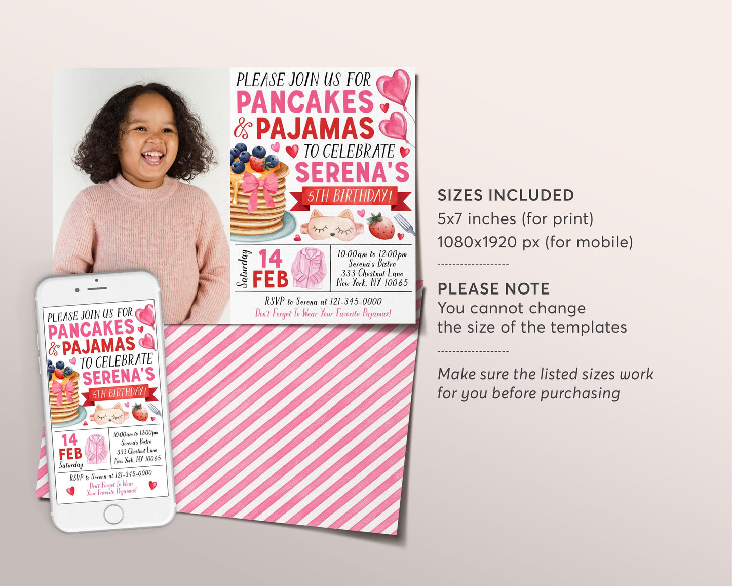 Pancakes and Pajamas Birthday Invitation With Photo Editable Template, Valentines Day Flapjacks And PJs Party Invite, Breakfast Brunch Evite