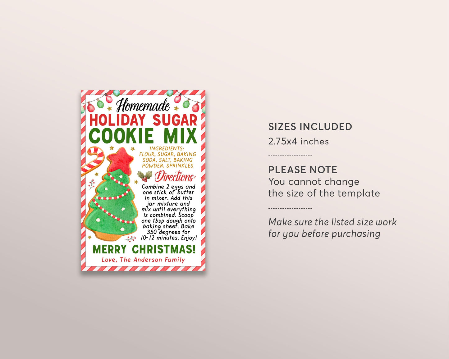Cookie Mix in a Jar Gift Tag Editable Template, Christmas Sugar Cookie Recipe Favor Tag, Holiday Bake Sale Mason Jar Label, Baking Gift Idea