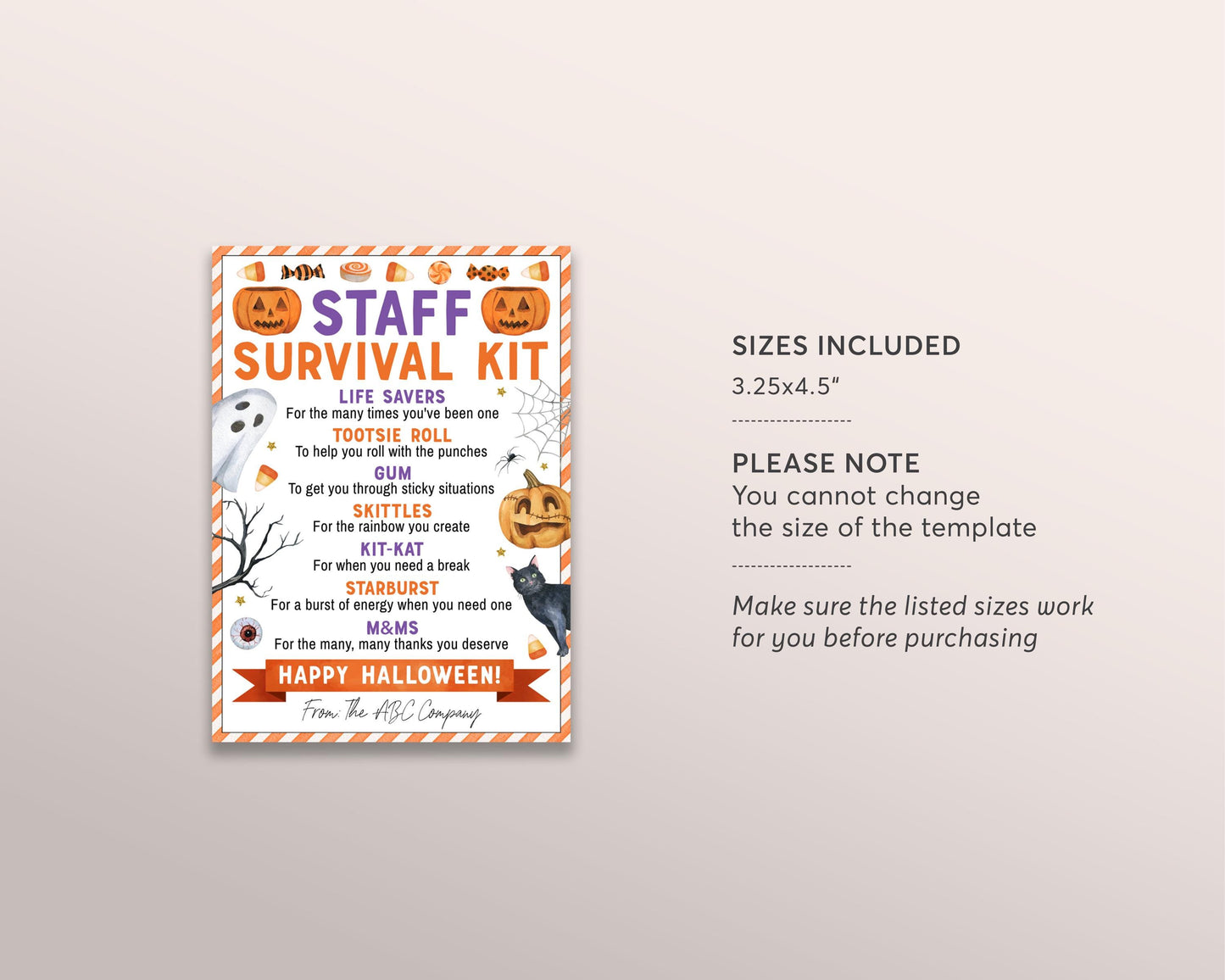 Halloween Staff Survival Kit Tag Editable Template, Fall Treat Card Party Favor, Employee Nurse Company Appreciation Candy Gift Tags Treat