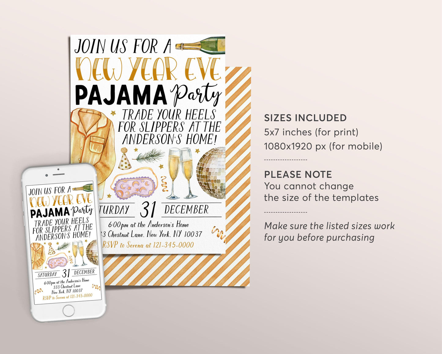 New Year Eve Pajama Party Invitation Editable Template, Adult NYE Slumber Party Invite, New Years Sleepover Champagne Pajamas Party PJs