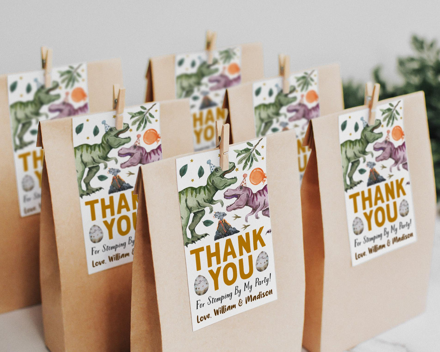 Joint Dinosaur Birthday Favor Tags Editable Template, Boy Girl Twins Siblings Jurassic Dinosaur Party Thank You Stomping by Treat Bag Dino