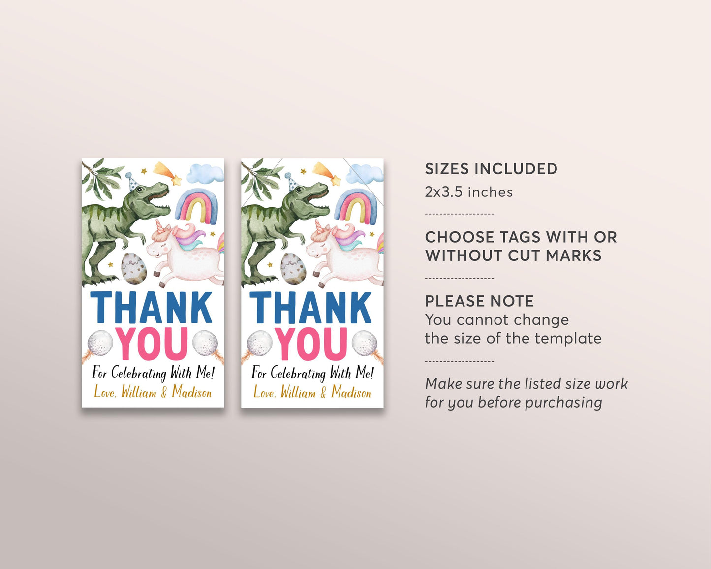 Dinosaurs and Unicorns Birthday Favor Tags Editable Template, Joint Boy Girl Siblings Magical Dinosaur Unicorn Party Thank You Treat Bag