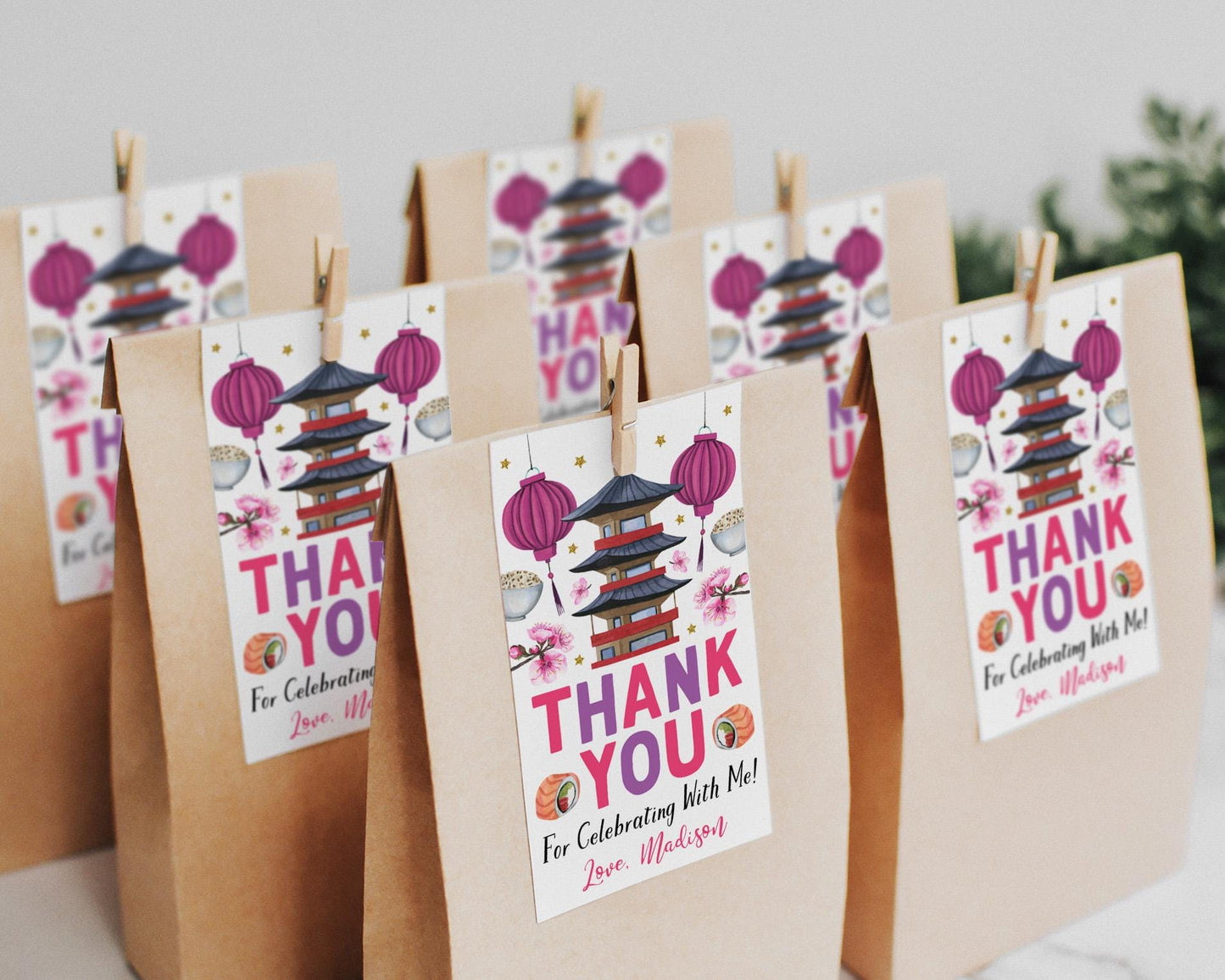 Hibachi Birthday Dinner Party Favor Tags Editable Template, Pink Japanese Sushi Restaurant Gift Tag Cherry Blossom Japan Thank You Treat Bag