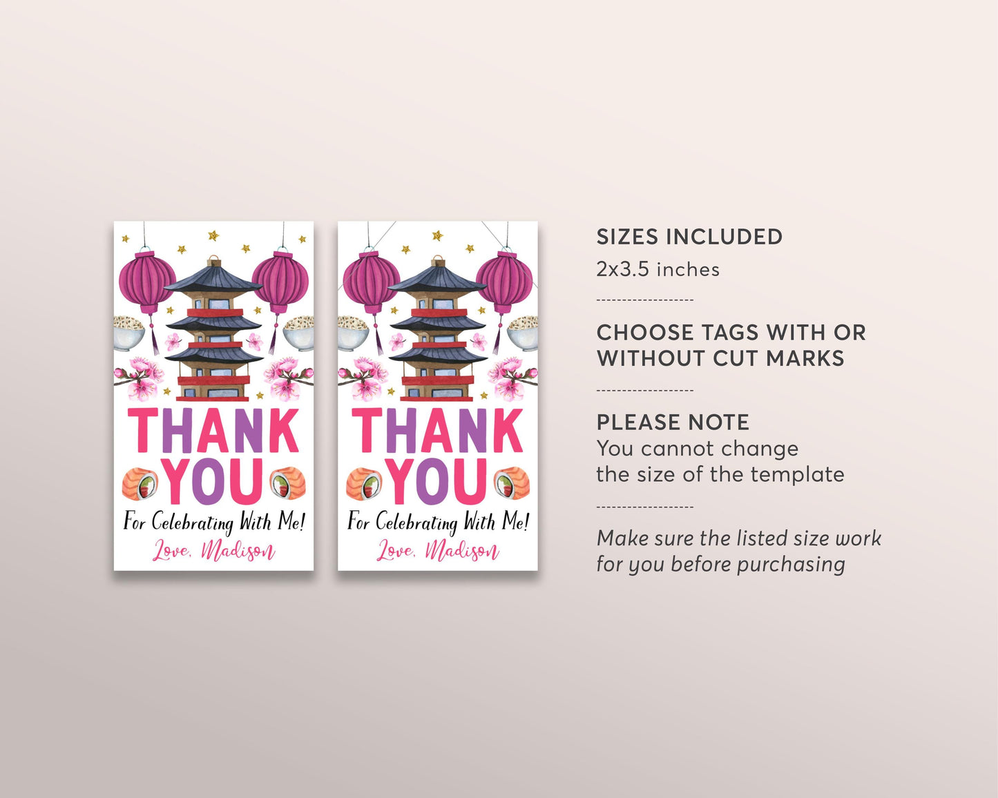 Hibachi Birthday Dinner Party Favor Tags Editable Template, Pink Japanese Sushi Restaurant Gift Tag Cherry Blossom Japan Thank You Treat Bag