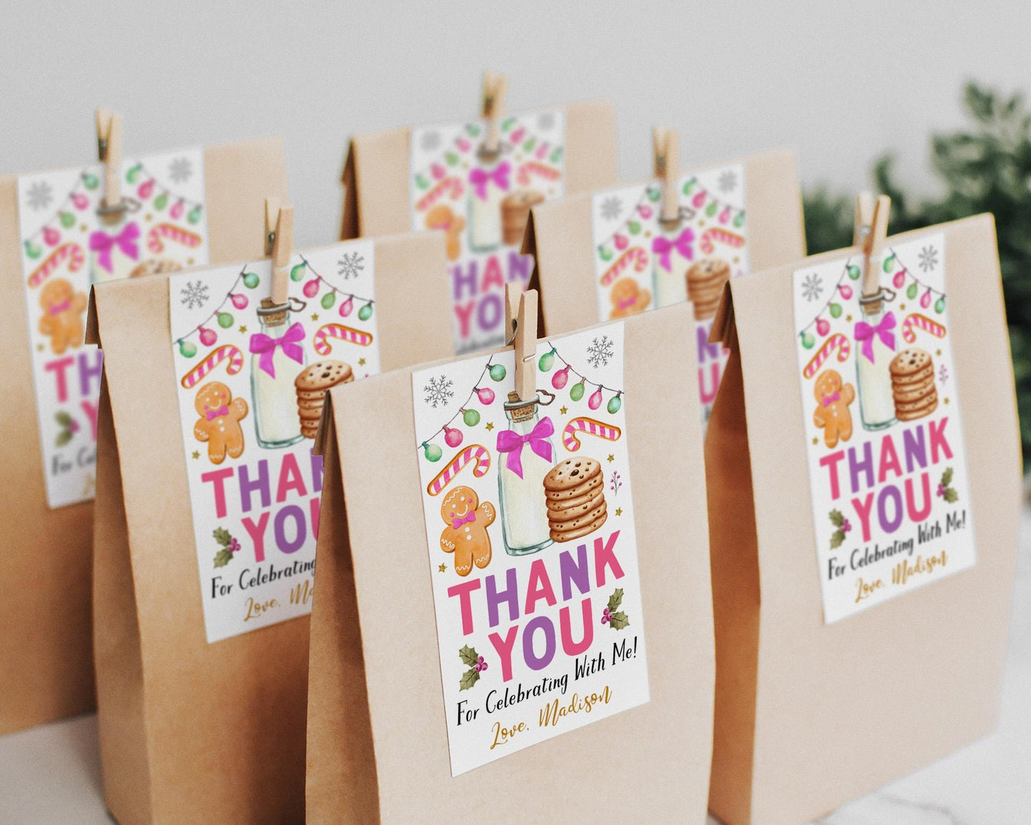 Christmas Milk and Cookies Favor Tags Editable Template, Girl Holiday Cookie Decorating Birthday Party Thank You Gift Tag, Gingerbread Man
