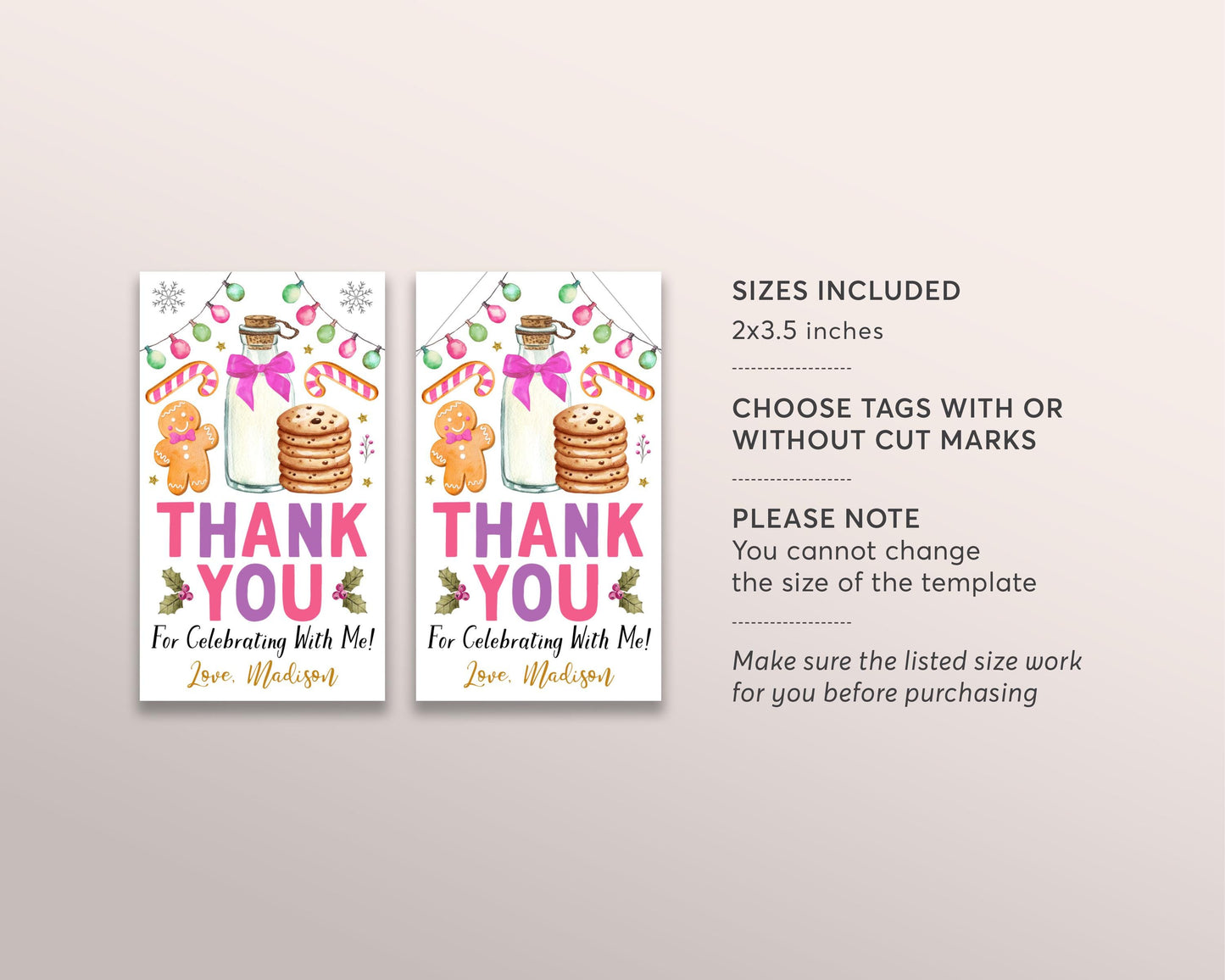 Christmas Milk and Cookies Favor Tags Editable Template, Girl Holiday Cookie Decorating Birthday Party Thank You Gift Tag, Gingerbread Man