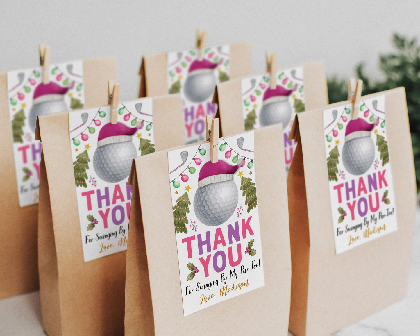 Christmas Golf Favor Tags Editable Template, Pink Girl Holiday Let's Par-Tee Golf Ball Birthday Party Thank You Treat Bag, Santa Golf Tags