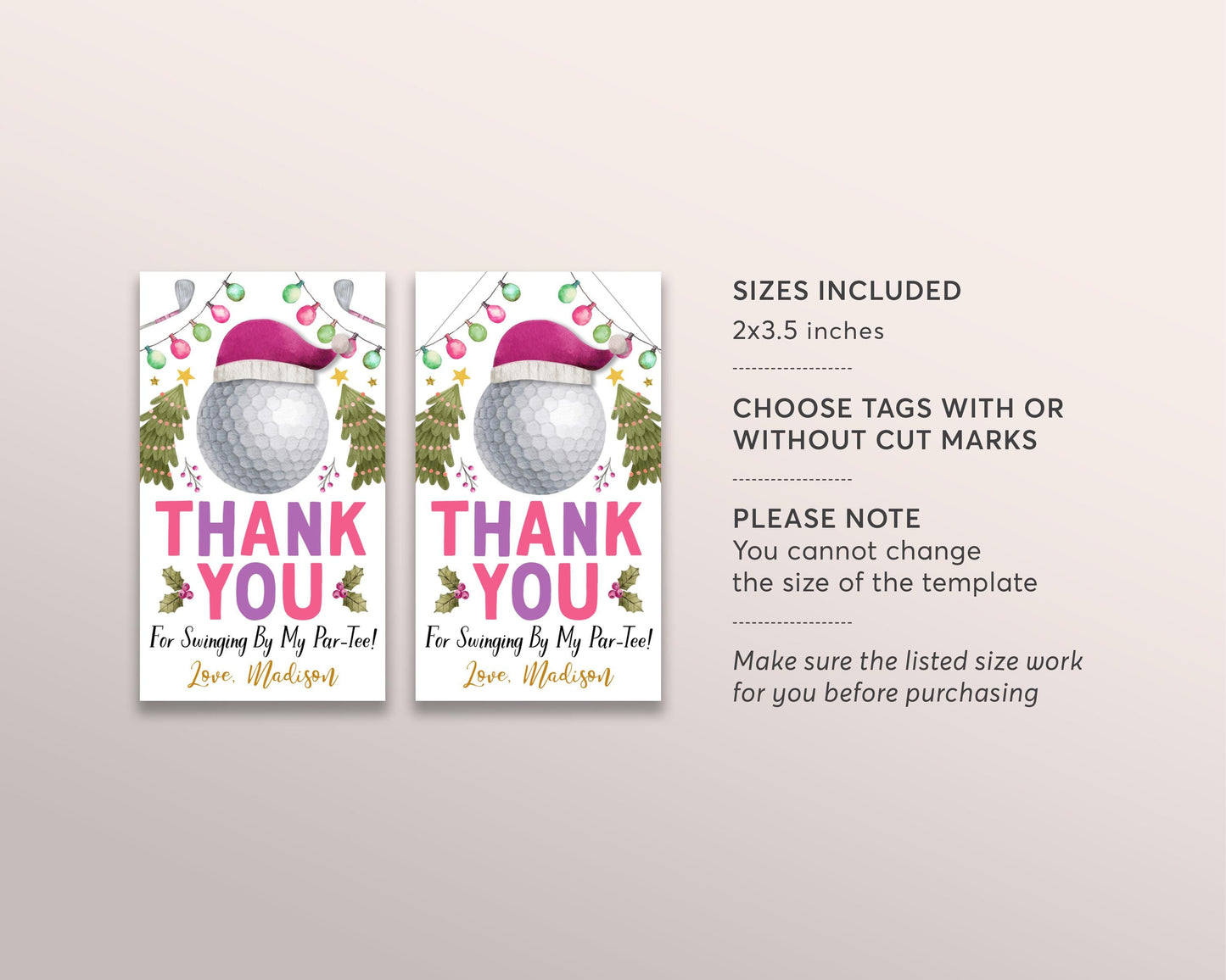 Christmas Golf Favor Tags Editable Template, Pink Girl Holiday Let's Par-Tee Golf Ball Birthday Party Thank You Treat Bag, Santa Golf Tags