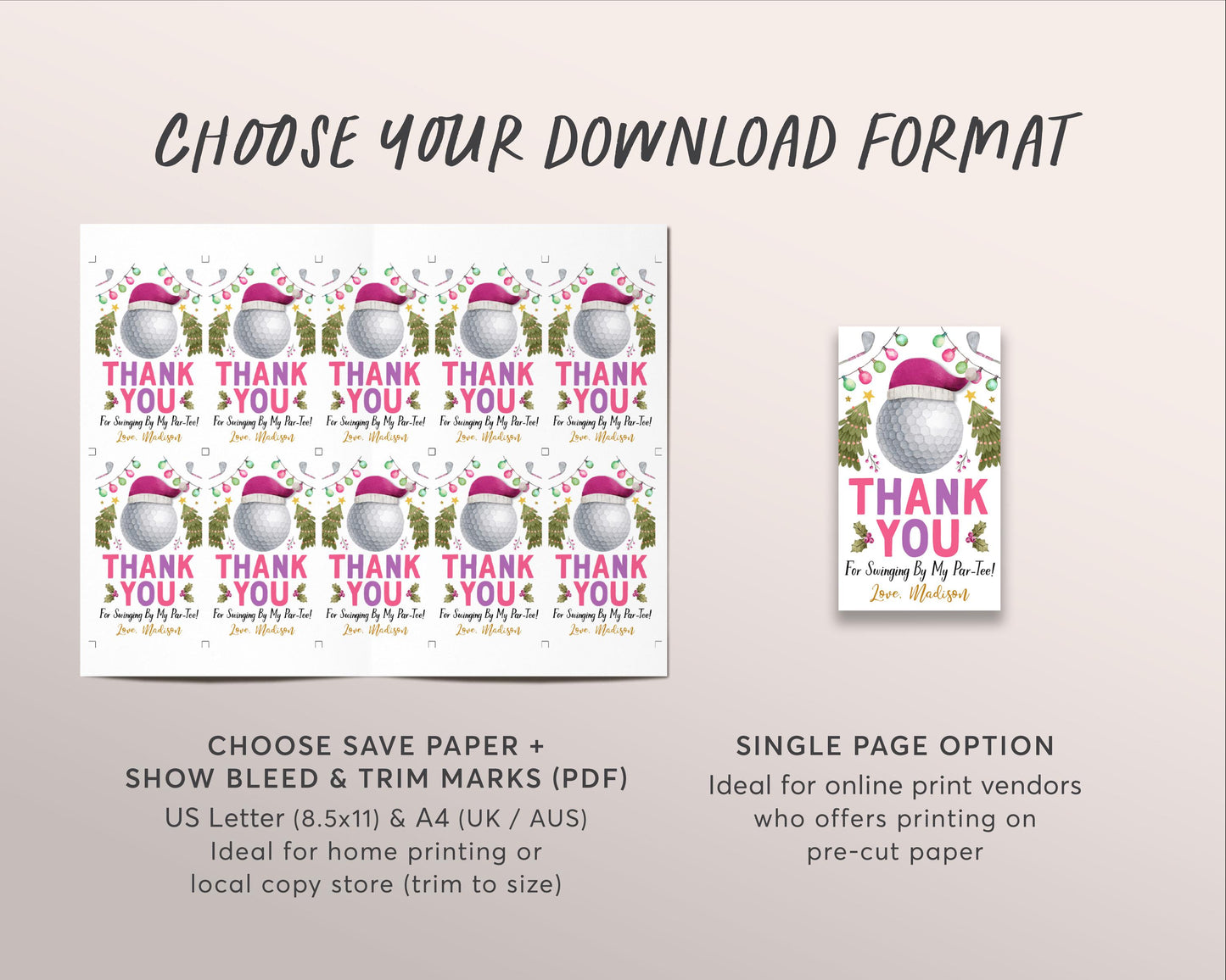 Christmas Golf Favor Tags Editable Template, Pink Girl Holiday Let's Par-Tee Golf Ball Birthday Party Thank You Treat Bag, Santa Golf Tags