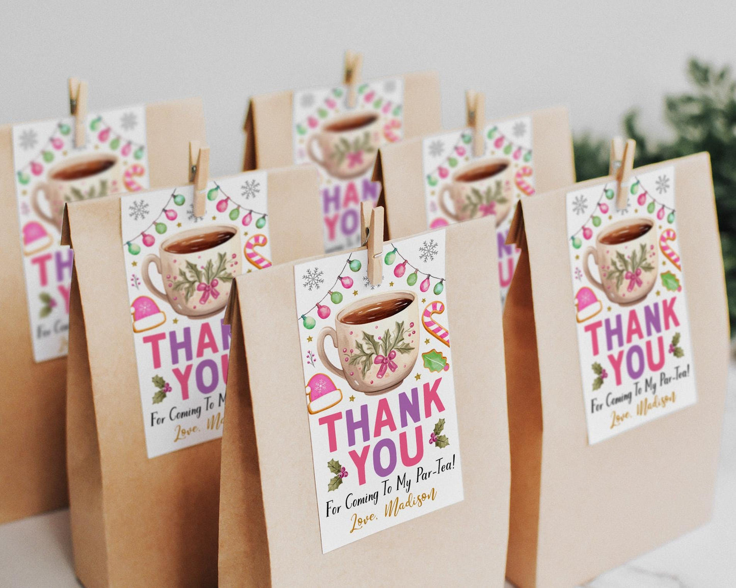 Christmas Tea Party Favor Tags Editable Template, Holiday Let's Par-Tea Birthday Thank You Treat Bag, Pink Winter High Tea Afternoon Tea