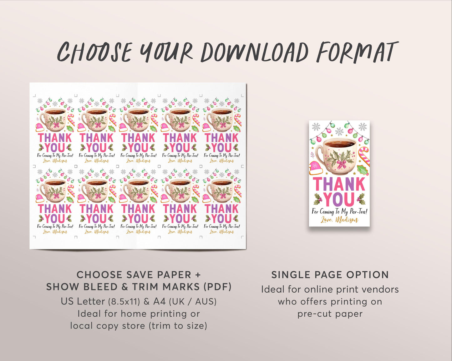 Christmas Tea Party Favor Tags Editable Template, Holiday Let's Par-Tea Birthday Thank You Treat Bag, Pink Winter High Tea Afternoon Tea