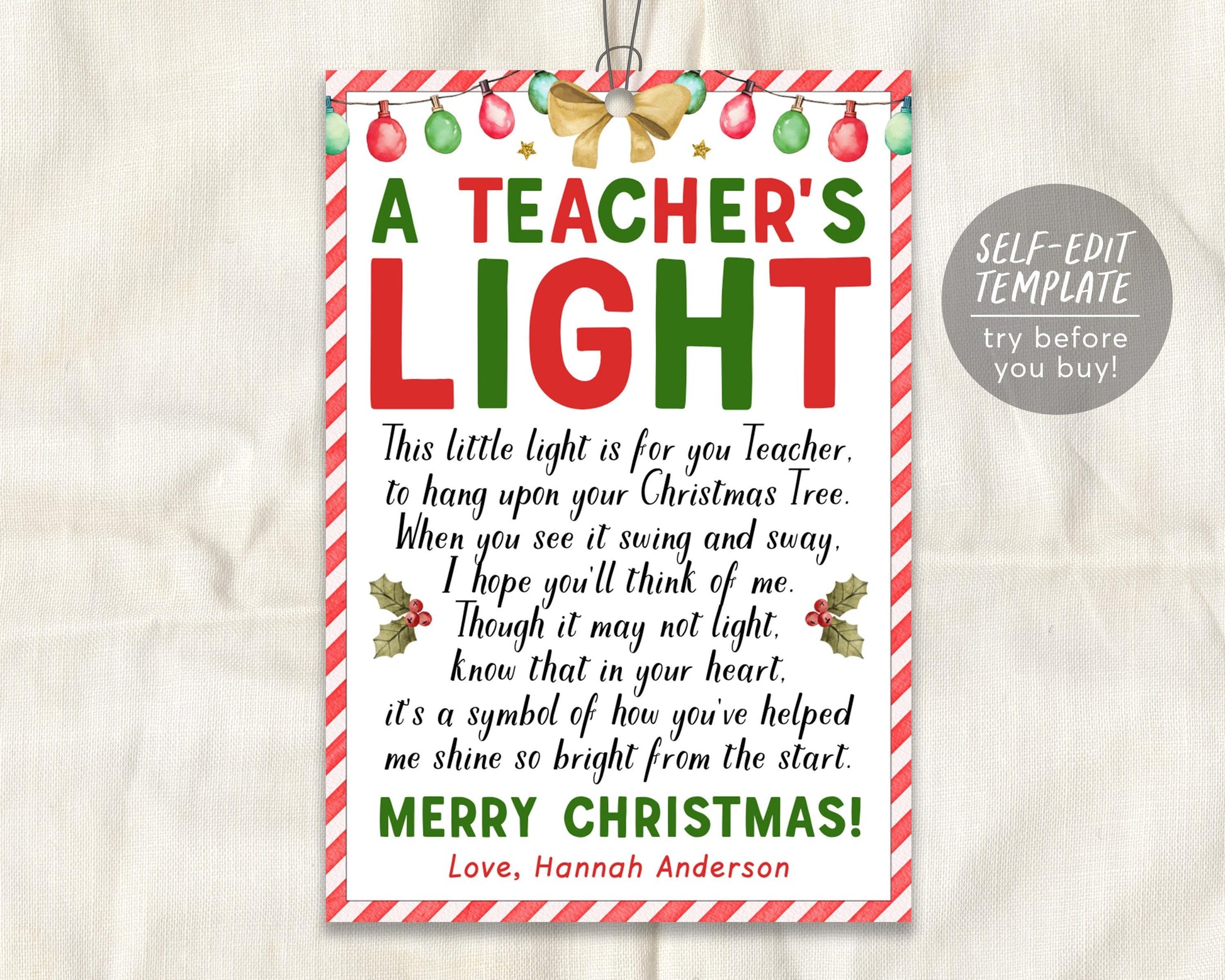 A Teachers Light Gift Tag Editable Template