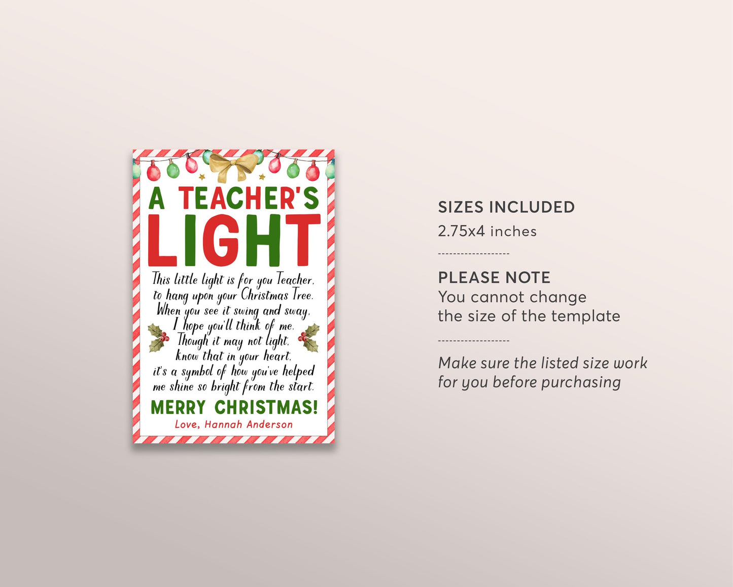 A Teachers Light Gift Tag Editable Template, Poem For Teacher Christmas Ornament, Holiday Thank You School Appreciation PTO PTA Favor Tag