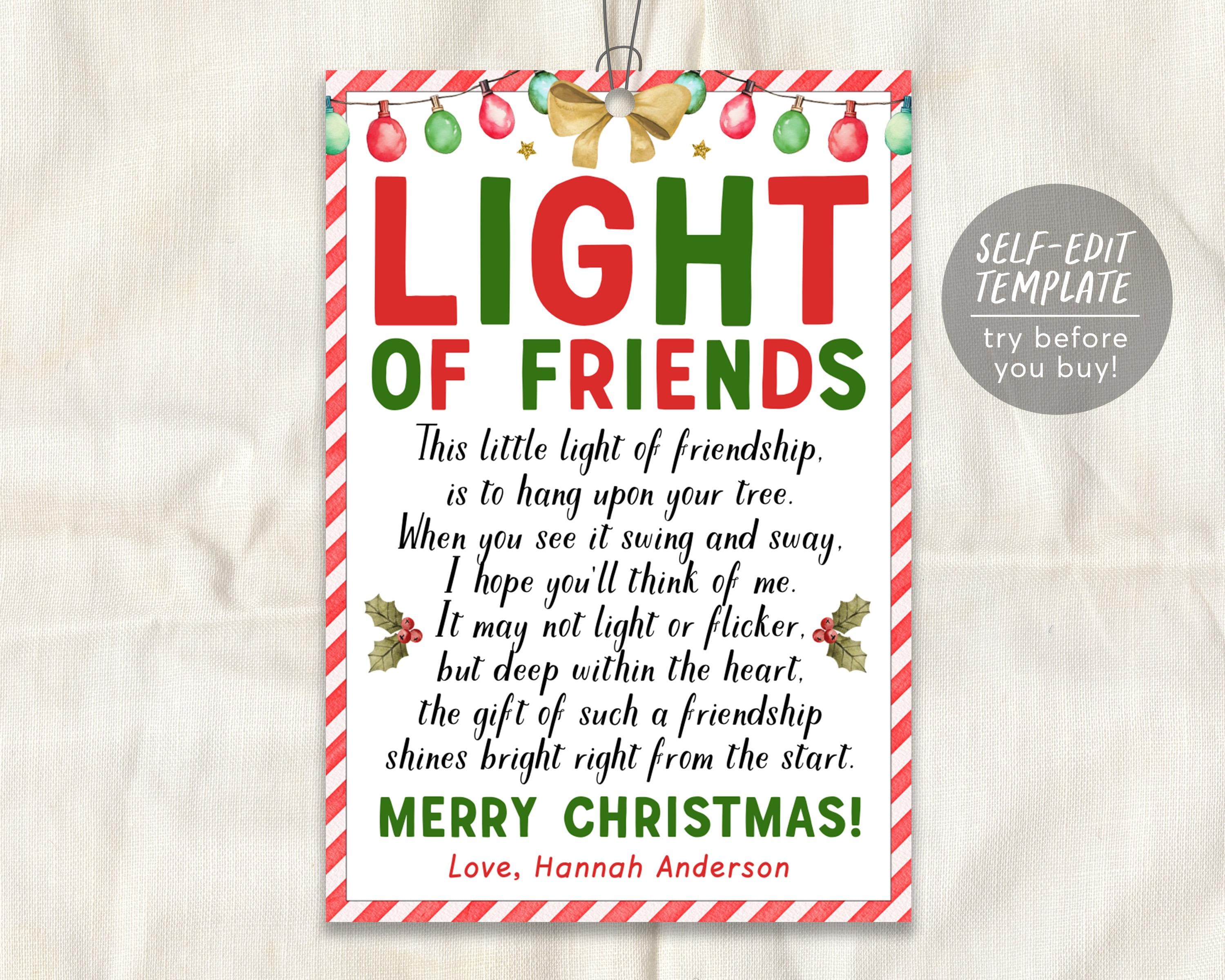 light of friends card poem editable template, light of friendship christmas ornament, holiday thank you appreciation favor tag gift tag
