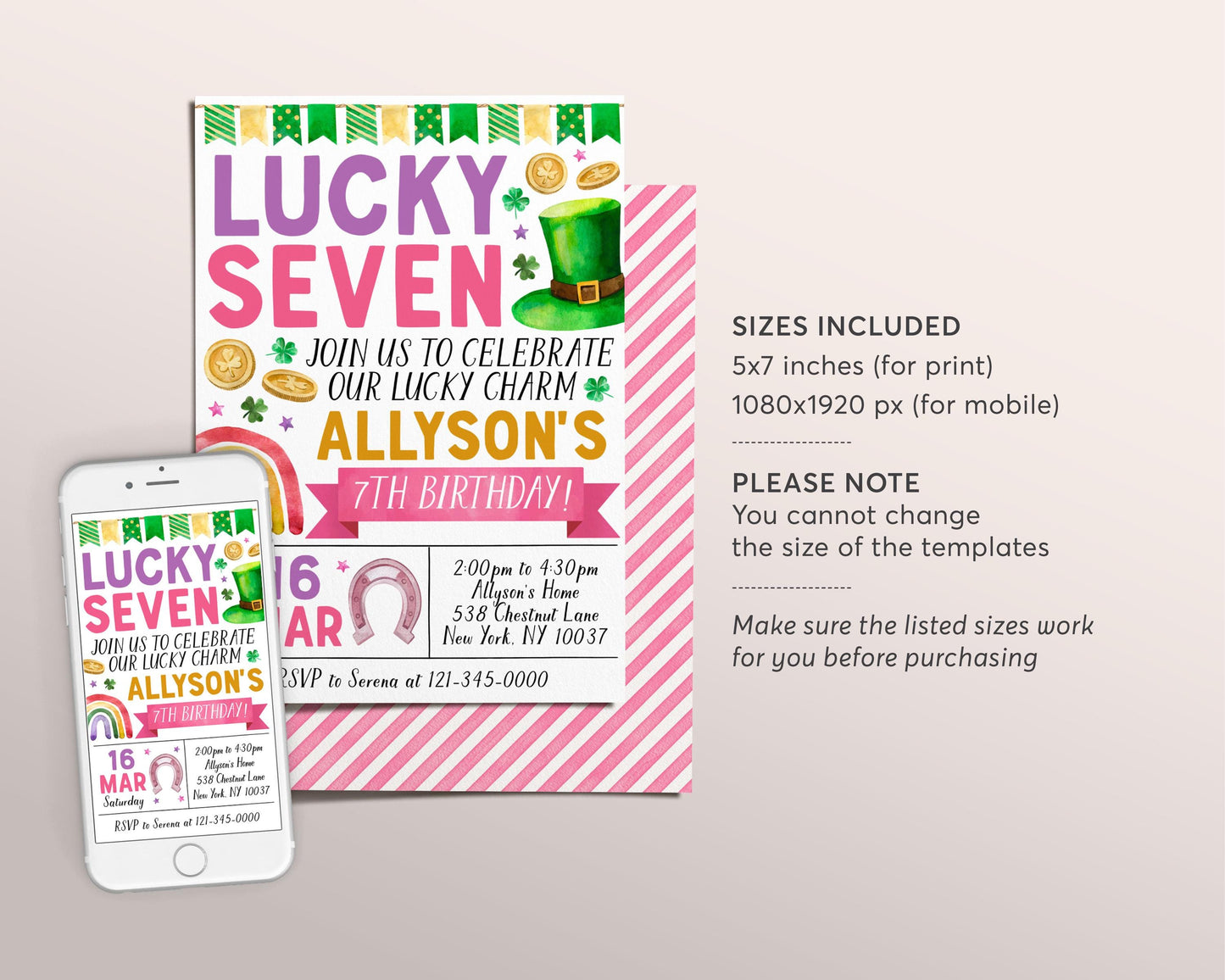 Lucky Seven 7th Birthday Invitation Editable Template, Pink Girl St Patrick's Day Shamrock Seventh Birthday Party Invite, Our Lucky Charm