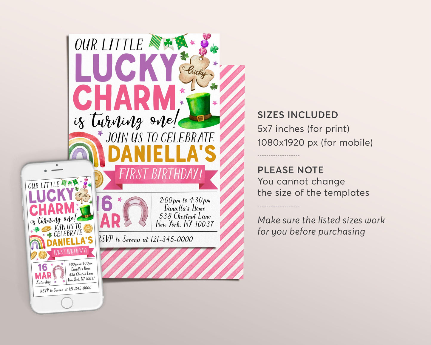 Lucky Charm Birthday Invitation Editable Template, Pink Girl St Patrick's Day Shamrock 1st First Birthday Party Invite Evite, St Paddy's Day