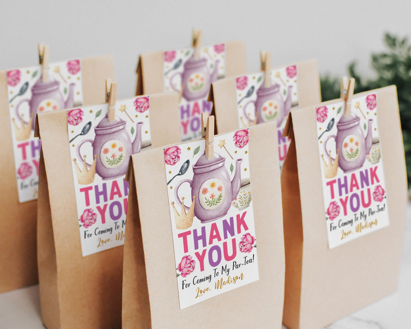 Princess Tea Party Favor Tags Editable Template, Let's Par-Tea Birthday Thank You Tag, Girl Floral High Tea Afternoon Treat Bag Teapot Crown
