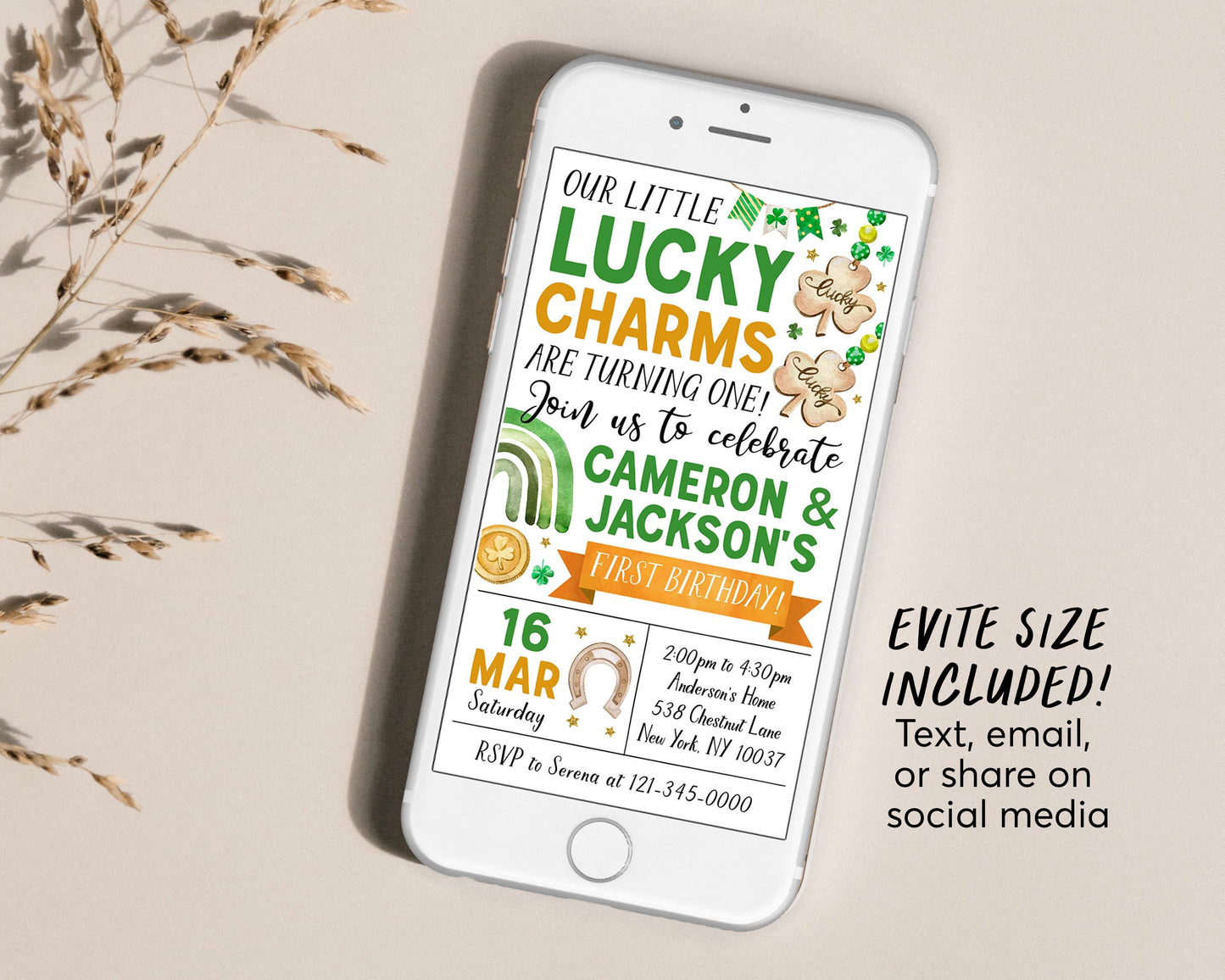 Lucky Charm Joint Siblings Birthday Invitation Editable Template, Twin Boys St Patrick's Day Shamrock 1st First Birthday Party Invite Evite
