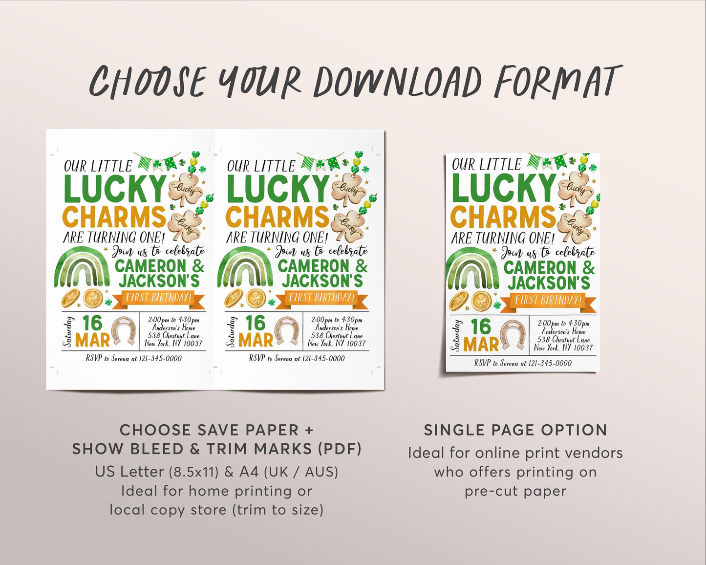 Lucky Charm Joint Siblings Birthday Invitation Editable Template, Twin Boys St Patrick's Day Shamrock 1st First Birthday Party Invite Evite
