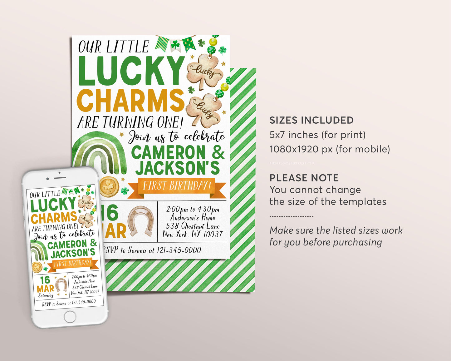 Lucky Charm Joint Siblings Birthday Invitation Editable Template, Twin Boys St Patrick's Day Shamrock 1st First Birthday Party Invite Evite